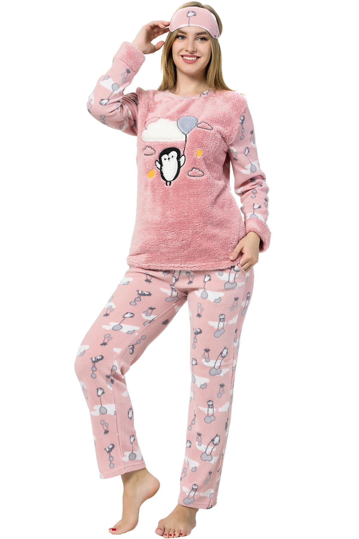 Akbeniz Kadın Penguen Desenli Somon Vizon Polar Pijama Takımı 8053