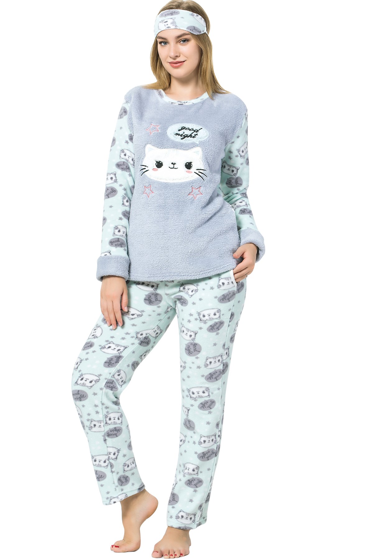 Akbeniz Kadın Kedi Desenli Gri Polar Pijama Takımı 8060