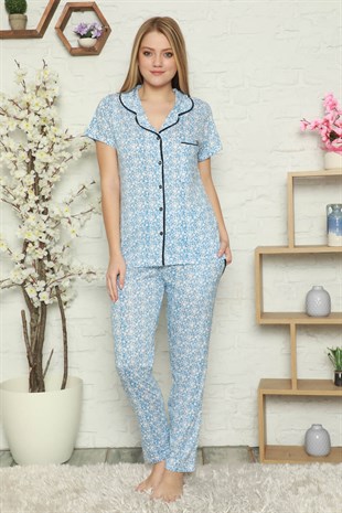 Akbeniz Kadın %100 Pamuk Önden Düğmeli Kısa Kol Pijama Takım 2801