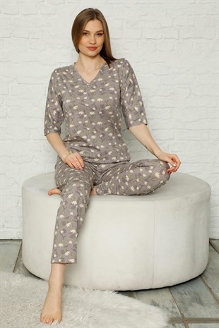 Akbeniz Kadın %100 Pamuk Penye Kısa Kol Pijama Takım 3351