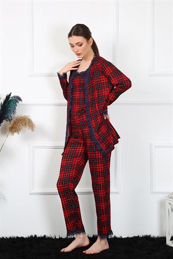 Akbeniz Kadın 3'lü Ekoseli Sabahlık Pijama Takım 16106