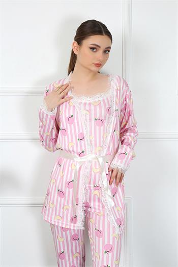 Akbeniz Kadın 3'lü Pembe Sabahlık Pijama Takım 16104