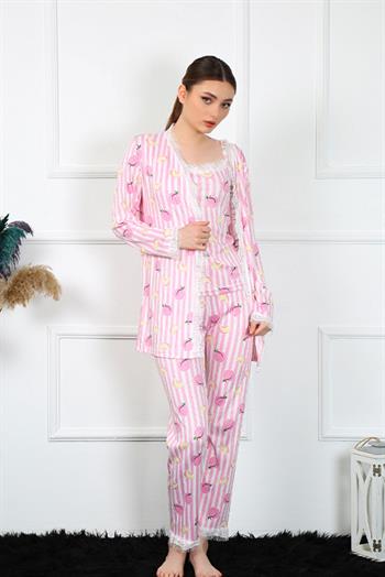 Akbeniz Kadın 3'lü Pembe Sabahlık Pijama Takım 16104