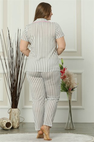 Akbeniz Kadın Gri Pamuklu Düğmeli Cepli Kısa Kol Büyük Beden Pijama Takım 202013