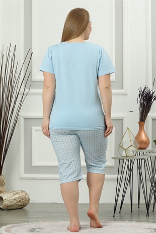 Akbeniz Kadın Mavi Pamuklu Cepli Kısa Kol Büyük Beden Kapri Pijama Takım 202020