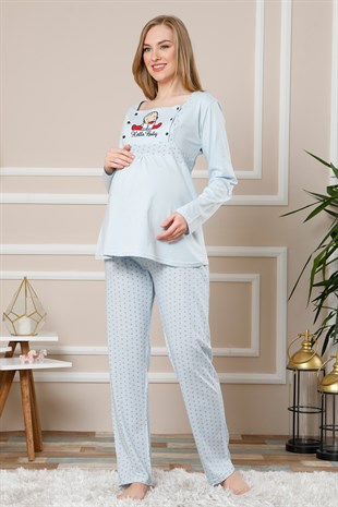 Akbeniz Kadın Mavi Renk Pamuklu Hamile Pijama Takımı 4512