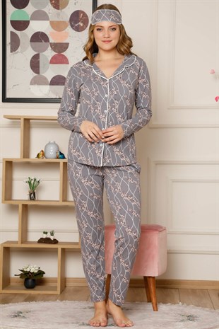Akbeniz Kadın Pamuklu Düğmeli Cepli Şardonlu Uzun Kol Pijama Takım 2496