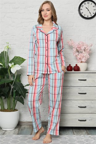 Akbeniz Kadın Pamuklu Düğmeli Cepli Uzun Kol Pijama Takım 2474
