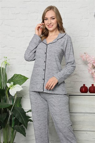 Akbeniz Kadın Pamuklu Düğmeli Cepli Uzun Kol Pijama Takım 2475