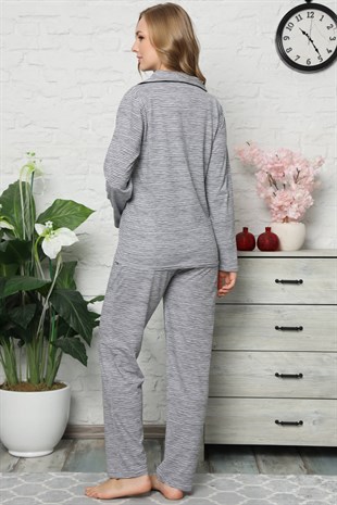 Akbeniz Kadın Pamuklu Düğmeli Cepli Uzun Kol Pijama Takım 2475