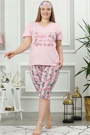 Akbeniz Kadın Pembe Pamuklu Cepli Kısa Kol Büyük Beden Kapri Pijama Takım 202018