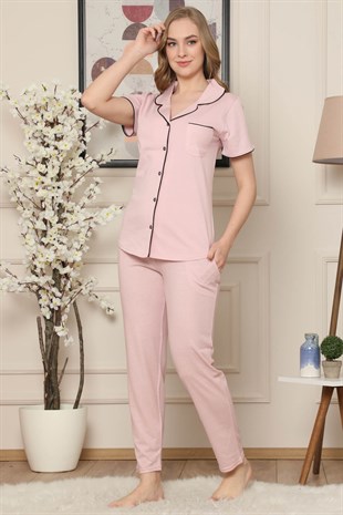 Akbeniz Kadın Pembe Pamuklu Düğmeli Cepli Uzun Kol Pijama Takım 2544