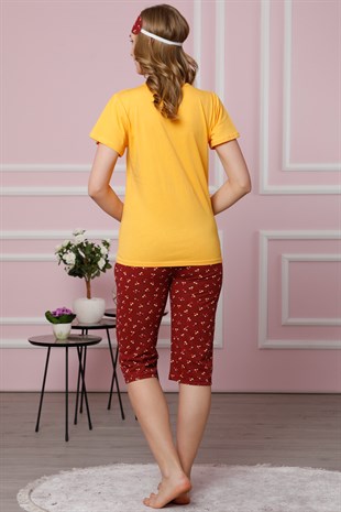 Akbeniz Kadın Sarı Pamuklu Cepli Kapri Pijama Takım 3517