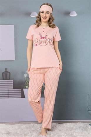 Akbeniz Kadın Somon Renk Pamuklu Cepli Kısa Kol Pijama Takım 2501
