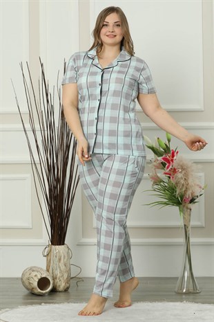Akbeniz Kadın Su Yeşili Pamuklu Düğmeli Cepli Kısa Kol Büyük Beden Pijama Takım 202016