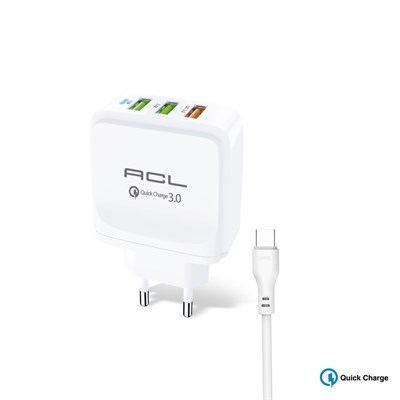 AC-77 StoutPower™ Quick Charge 3.0 USBx3 5.4A 30Watt Duvar Şarj Aleti Type-C USB Kablolu