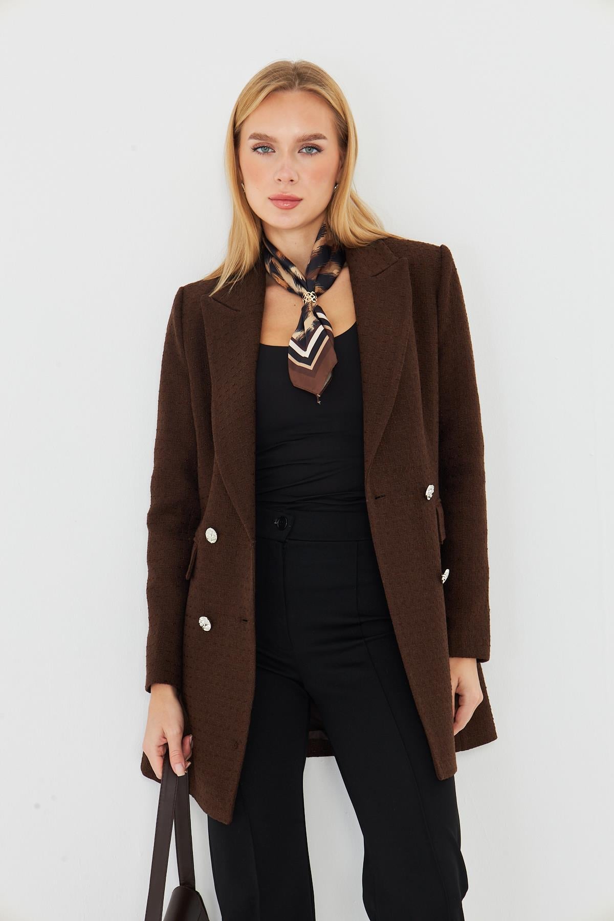 4 Düğmeli Kruvaze Tüvit Ceket Kahve