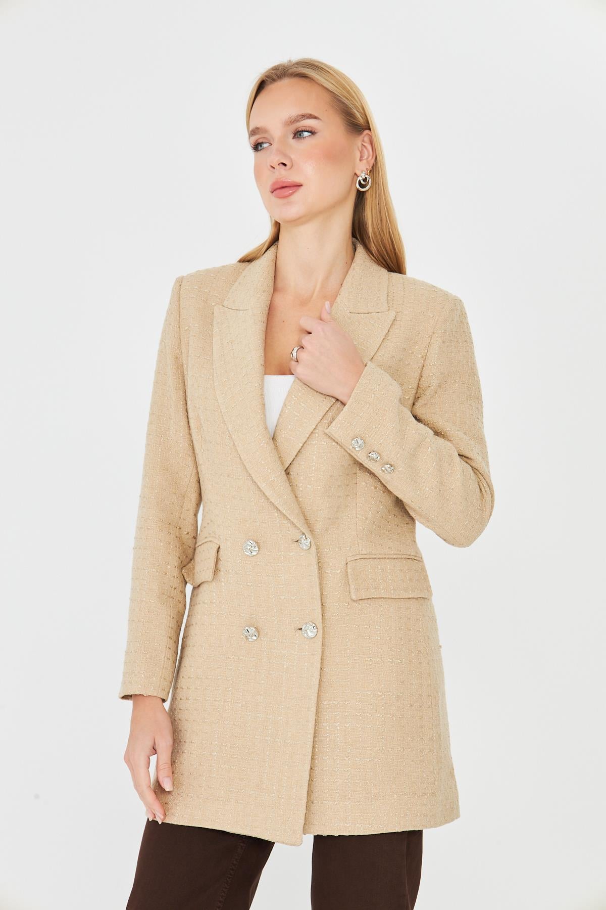 4 Düğmeli Kruvaze Tüvit Ceket Vizon