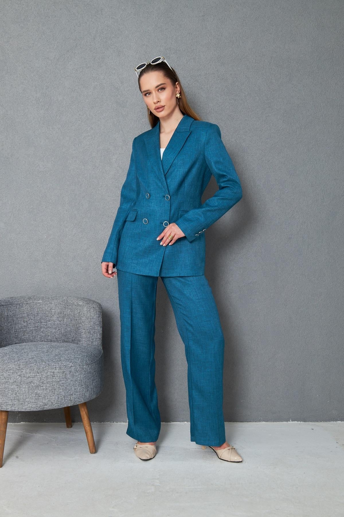 4 Düğmeli Kruvaze Yünefekt Takım Petrol