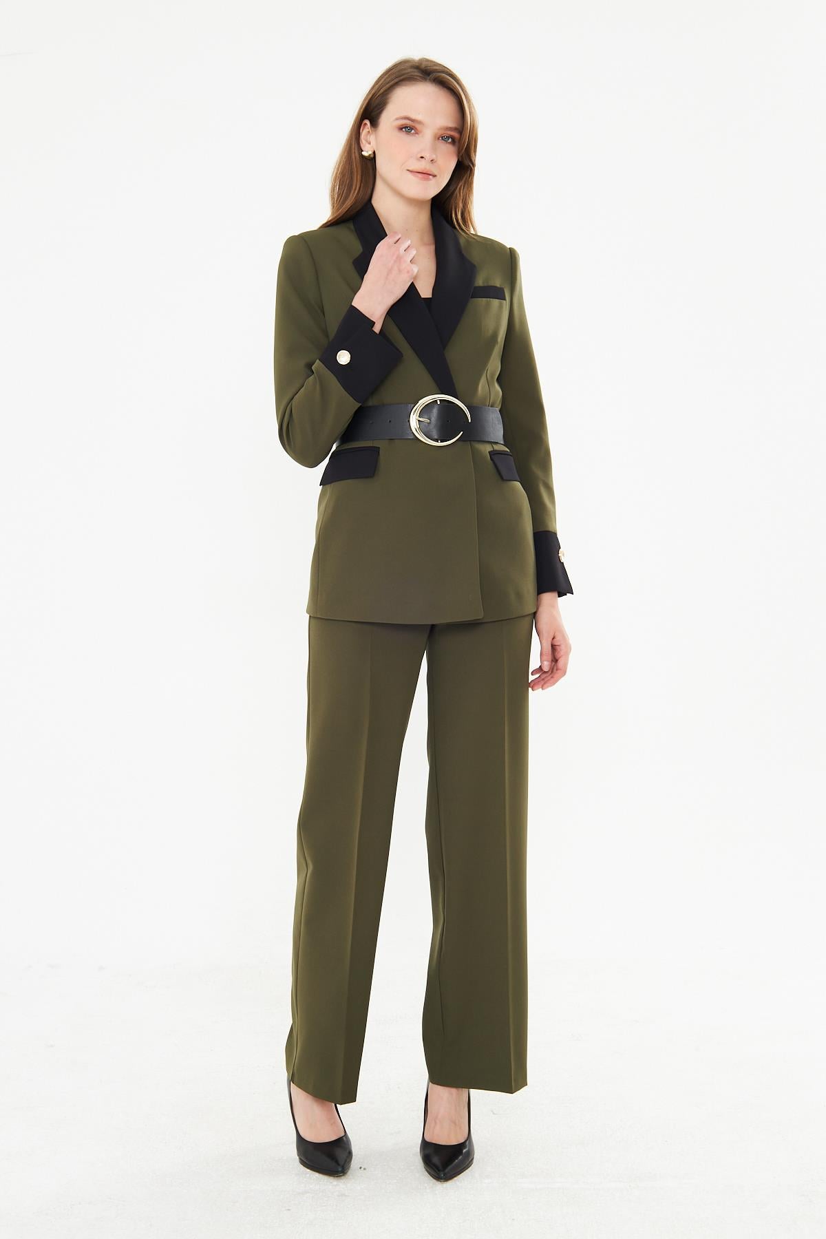 Gold Kemerli Garni Detay Kruvaze Takım Haki