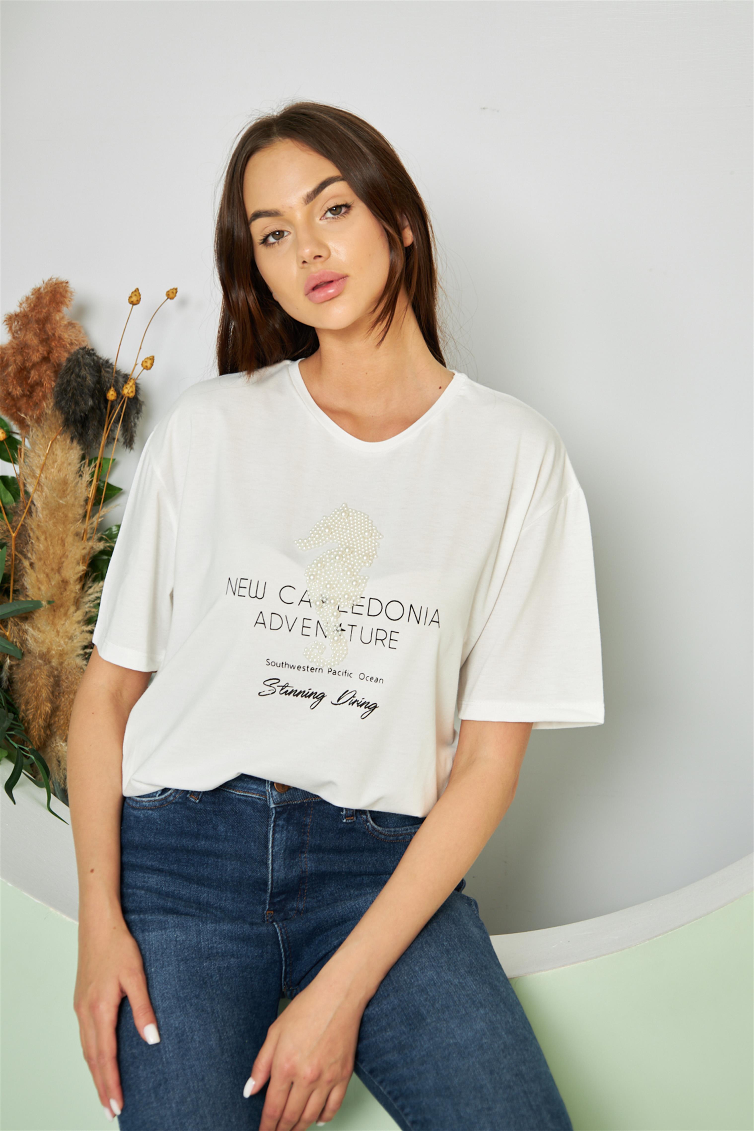 İnci Detay Baskı T-Shirt Ekru