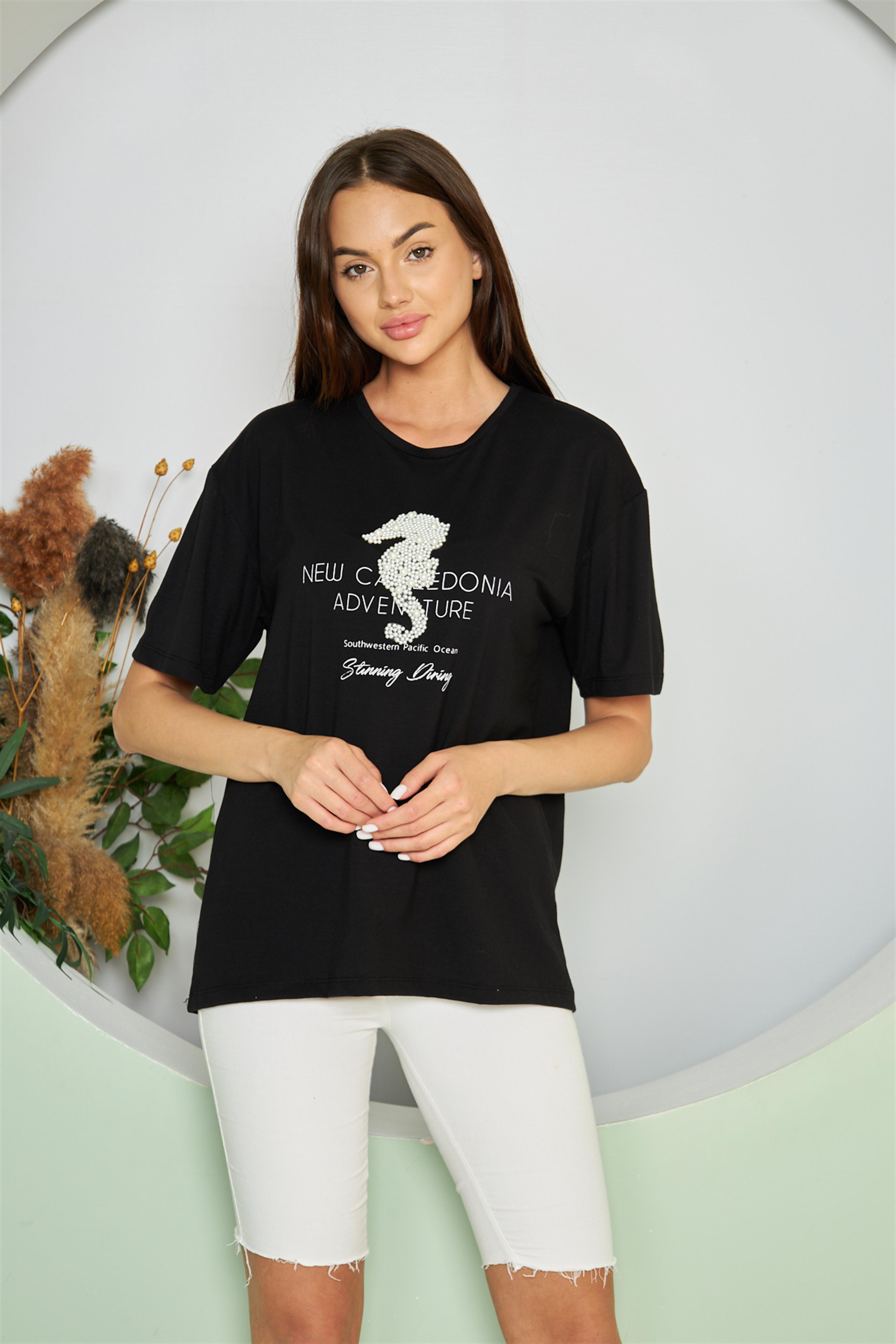 İnci Detay Baskı T-Shirt Siyah