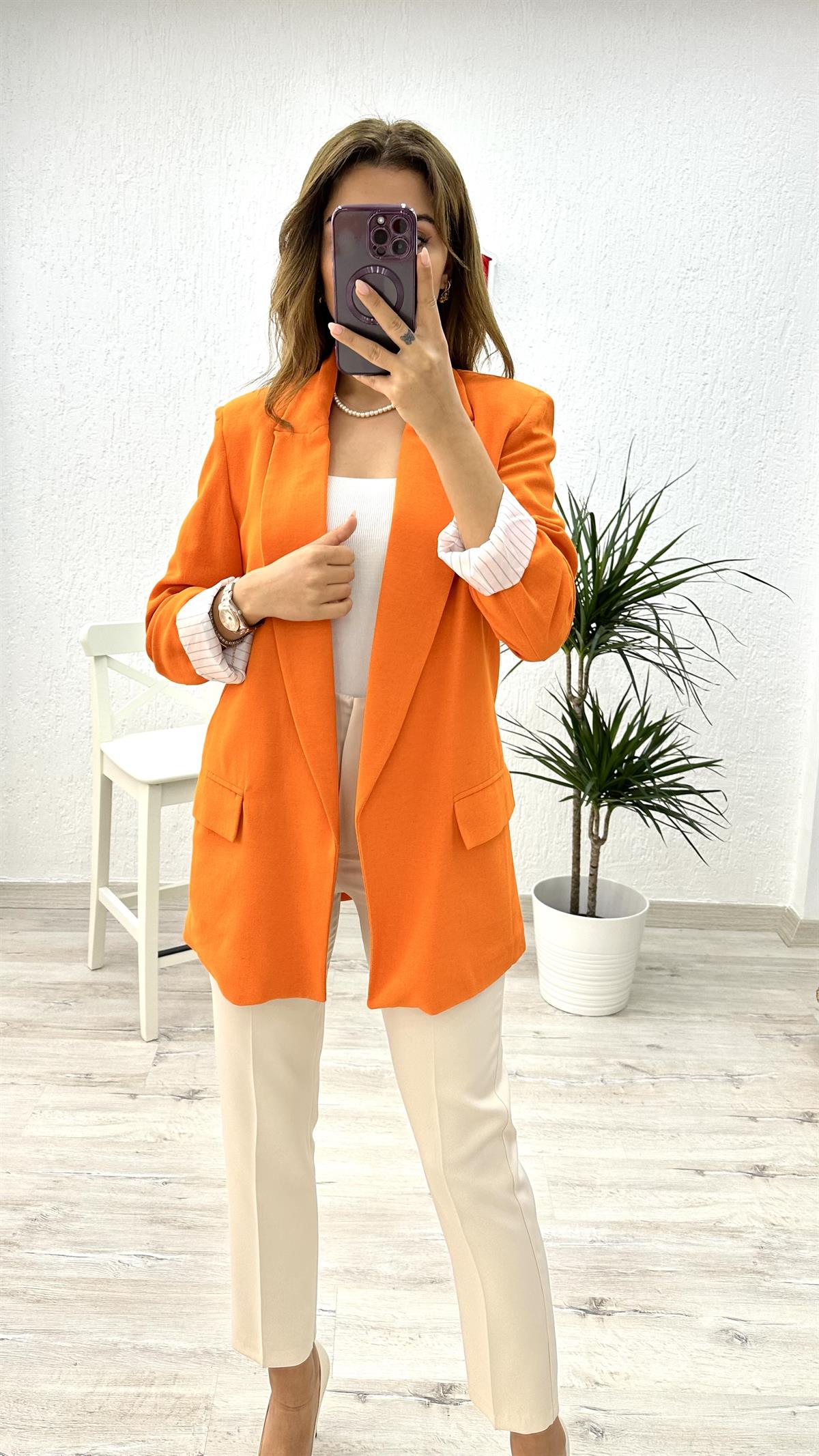 Keten Çizgili Astarlı Ceket