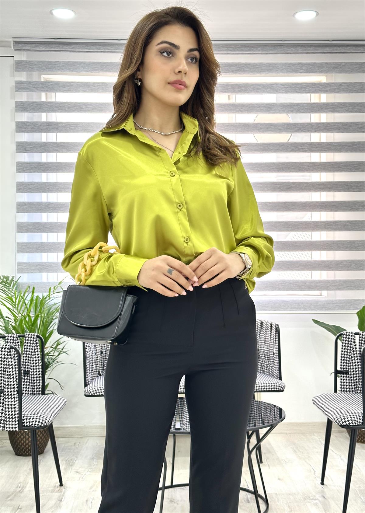 Klasik Saten Gömlek Yağ Yeşili