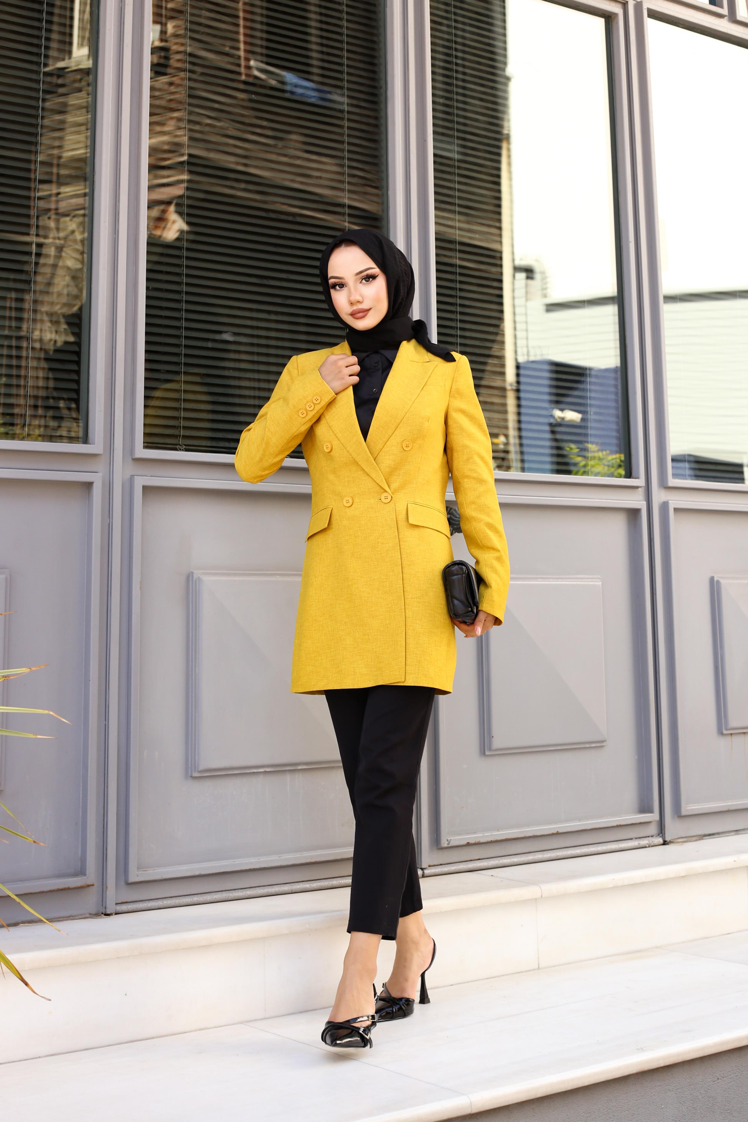 Kruvaze Keten Ceket Hardal