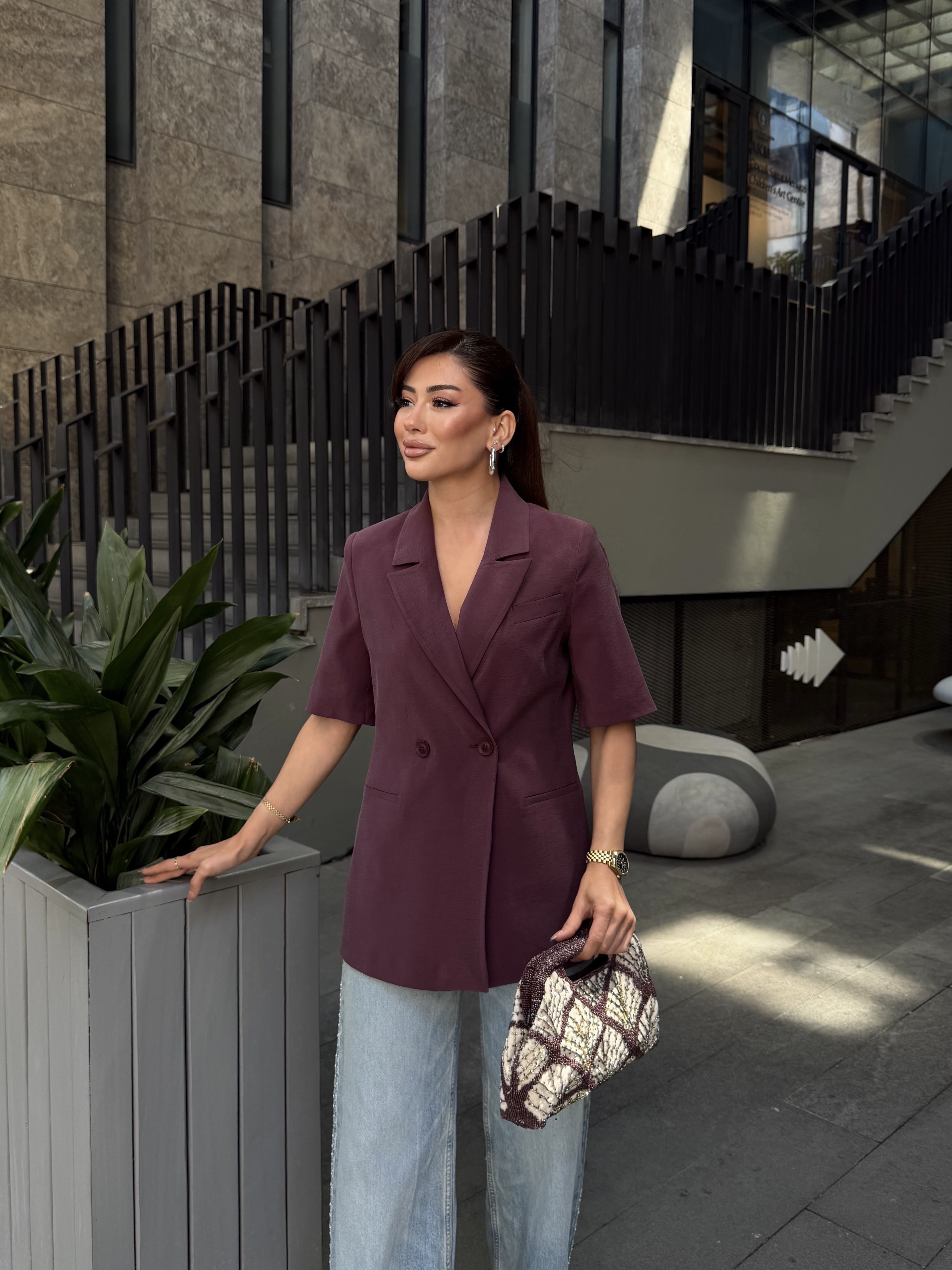 Yarım Kol Kruvaze Modal Ceket Bordo