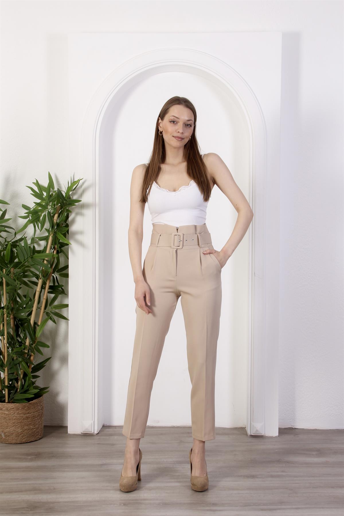 Yüksek Bel Kemerli Dar Paça Pantolon