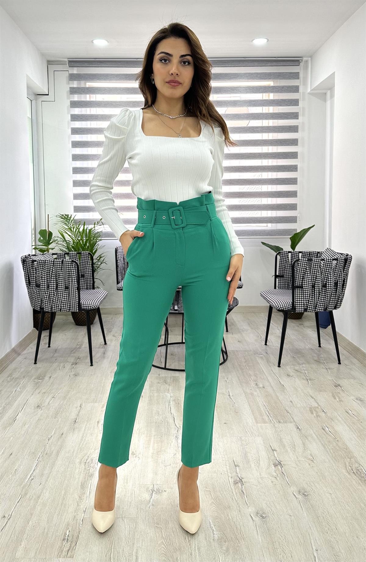 Yüksek Bel Kemerli Dar Paça Pantolon