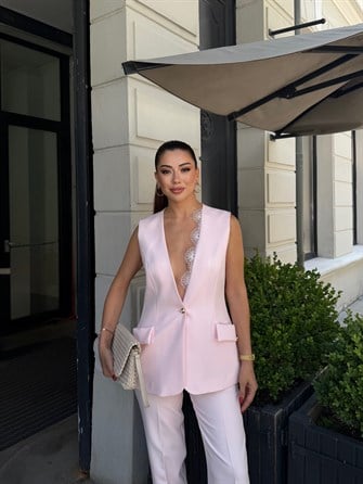 Dantel Detay Torba Cep Yelek Takım Pembe