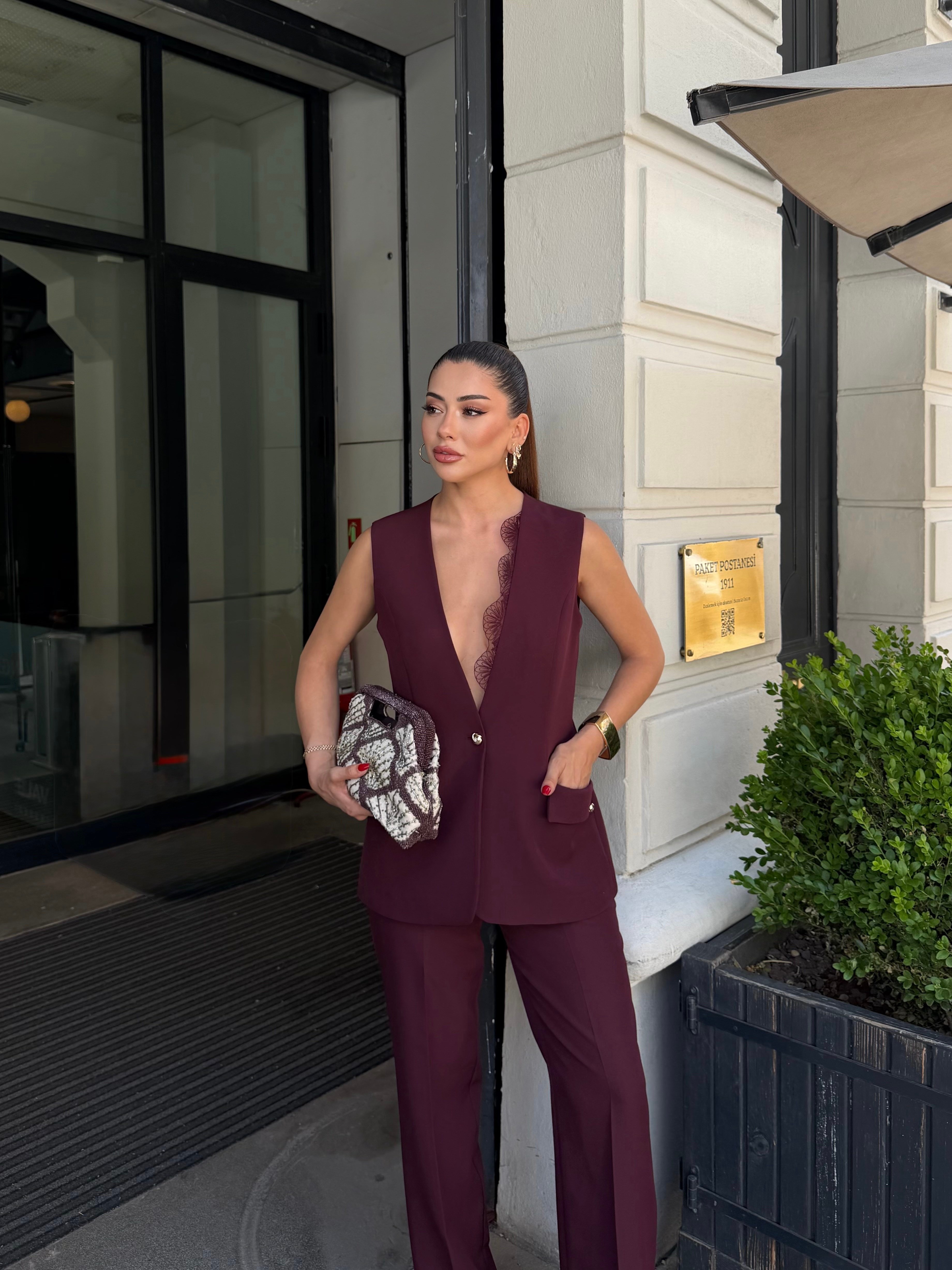 Dantel Detay Torba Cep Yelek Takım Bordo