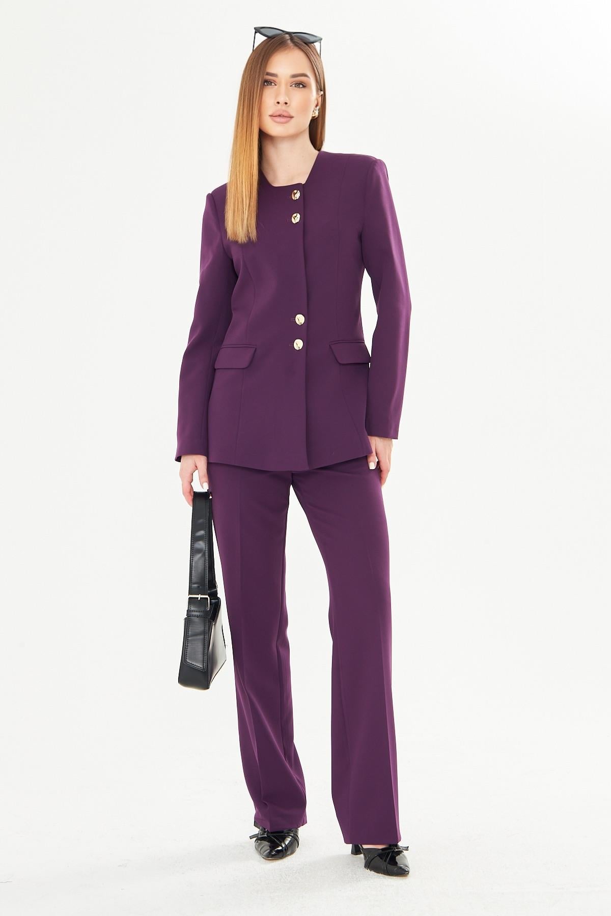 Gold Düğmeli Kare Yaka Takım Mürdüm