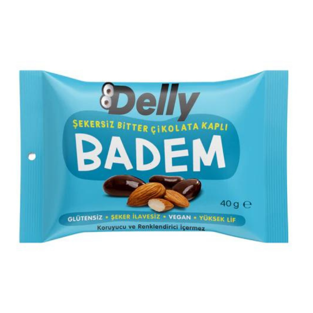 DELLY Şekersiz Bitter Çikolata Kaplı, Badem (12 Adet)