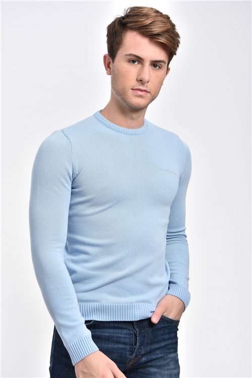 Crew Neck Blue Knitwear Mens Thick Sweater