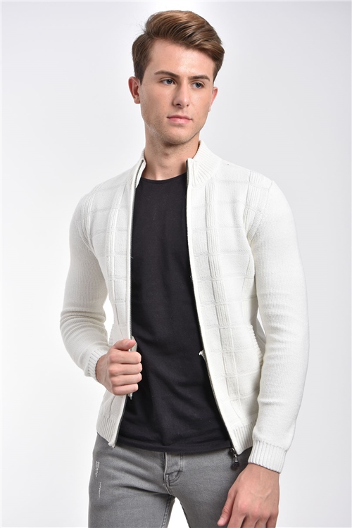 Zippered White Knit Mens Thick Cardigan