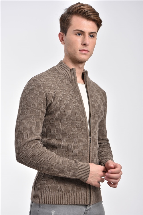 Zippered Coffee Knit Mens Thick Cardigan