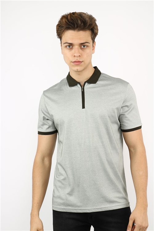 Polo Collar Big Size Dark Khaki Combed Cotton Mens T-Shirt