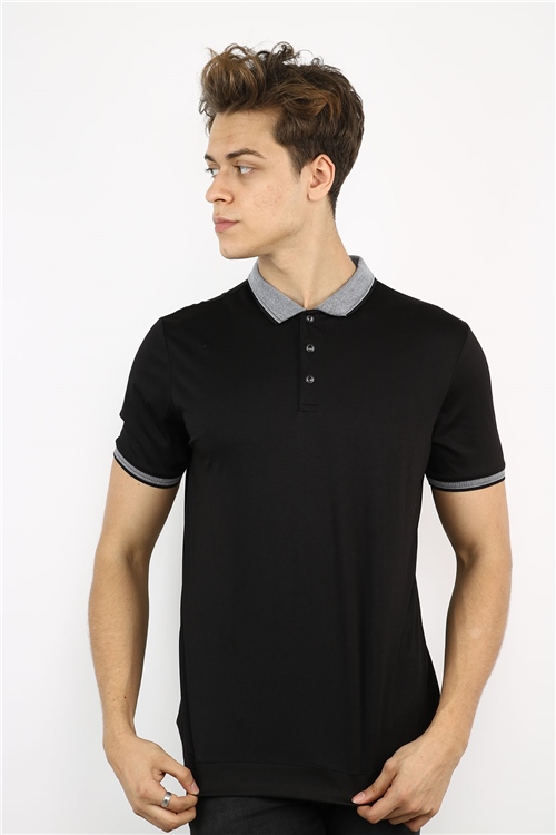 Polo Collar Big Size Black Combed Cotton Mens T-Shirt