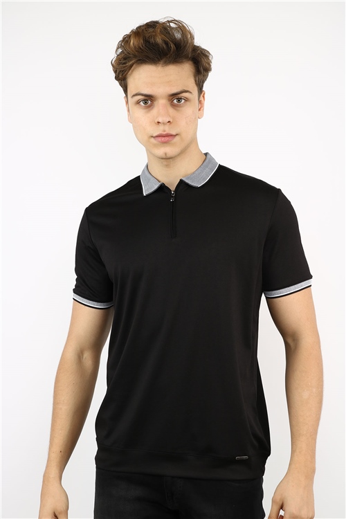 Polo Collar Big Size Black Combed Cotton Mens T-Shirt