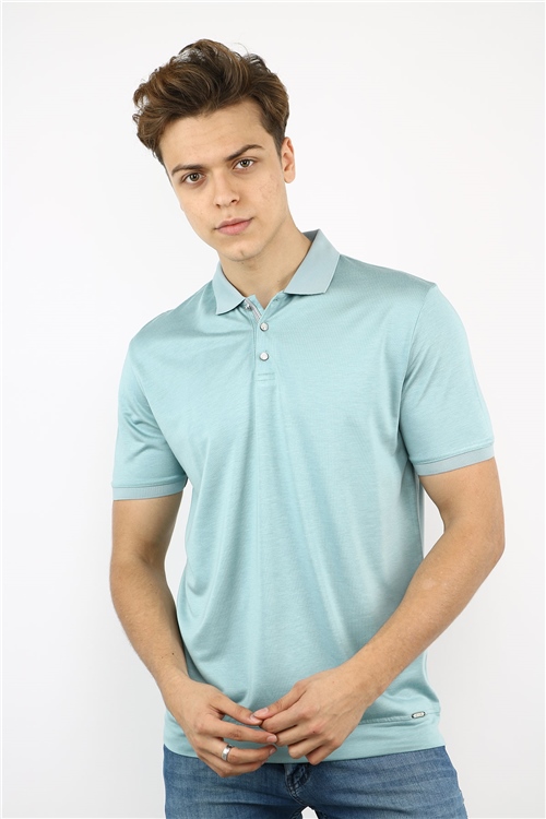 Polo Collar Big Size Water Green Combed Cotton Mens T-Shirt