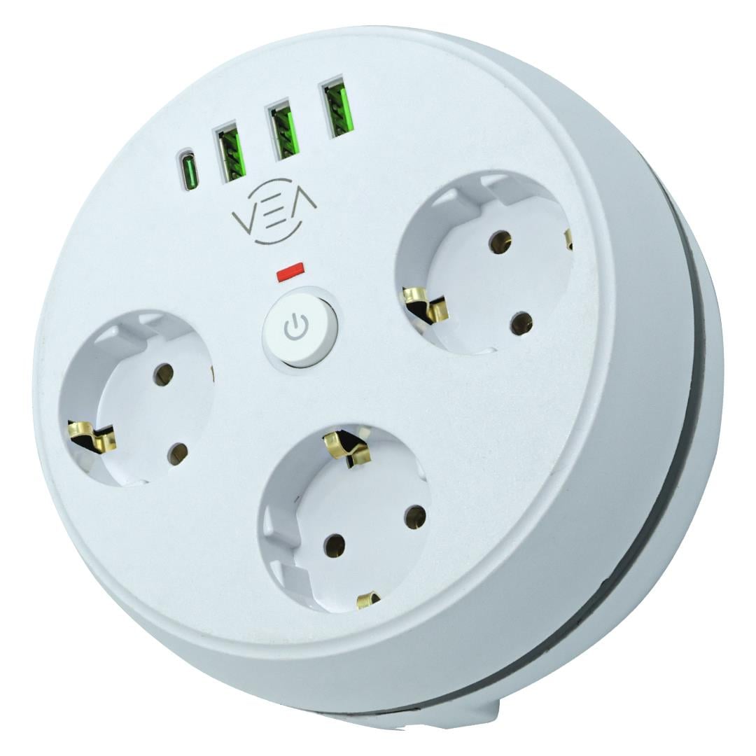 Kablolu Grup Priz – 3 USB + 1 Type-C Girişli Akım Korumalı Vea VE-26583 3'lü 1.5m