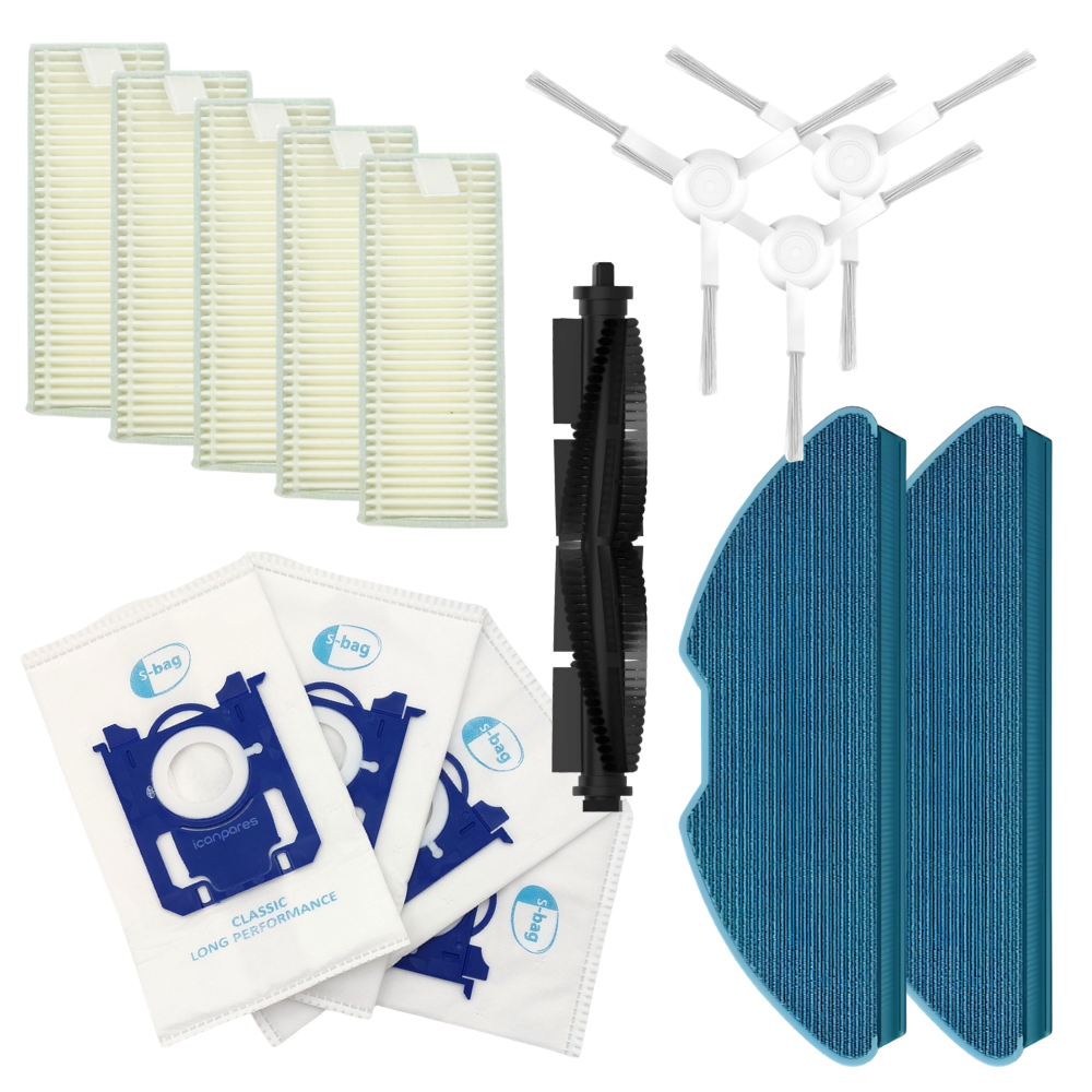 Philips Uyumlu HomeRun 3000 Serisi Aqua XU3000 Robot Süpürge Ana Fırça, Hepa Filtre X5, Yan Fırça X3, Mop Bezi X6, Toz Torbası X4
