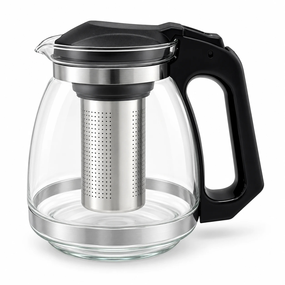 Çelik Süzgeçli Cam Demlik 1500 ml - Siyah Kapaklı ve Saplı Çay Demliği