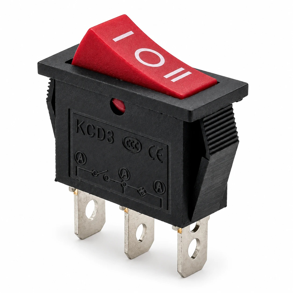 Üç Konumlu Dar Rocker Anahtar I-O-II KCD3 - Kırmızı, Işıksız, 15A 250V
