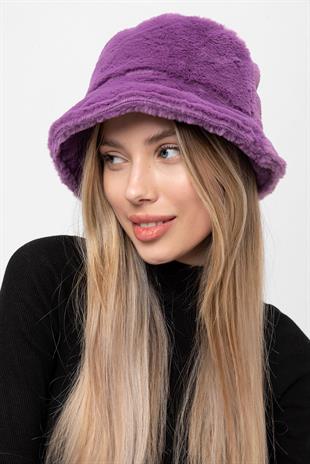 12839-1 Lila Renk Peluş Bucket Şapka