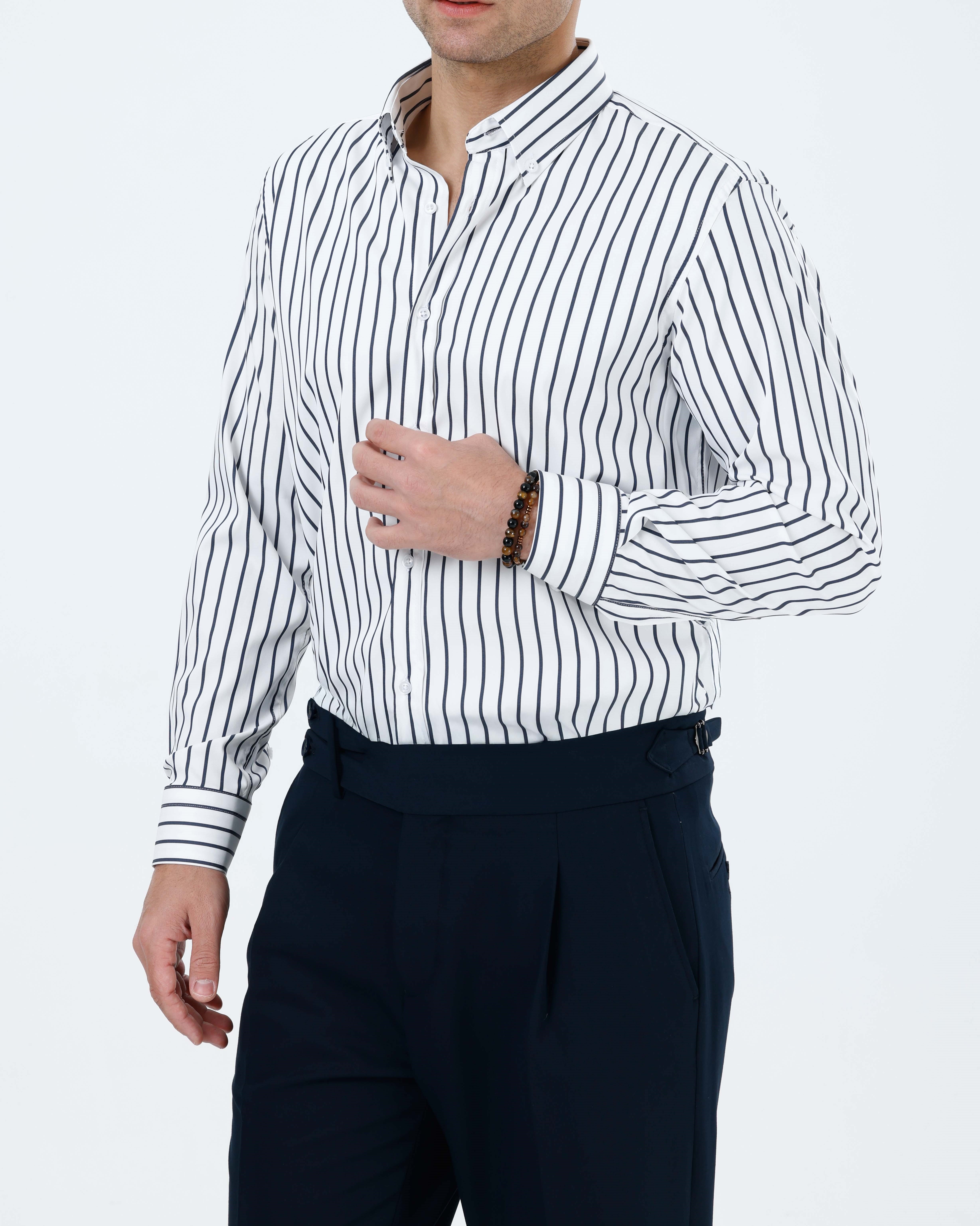 Slim fit erkek çizgili likralı kravat yaka gömlek lacivert T20059-02