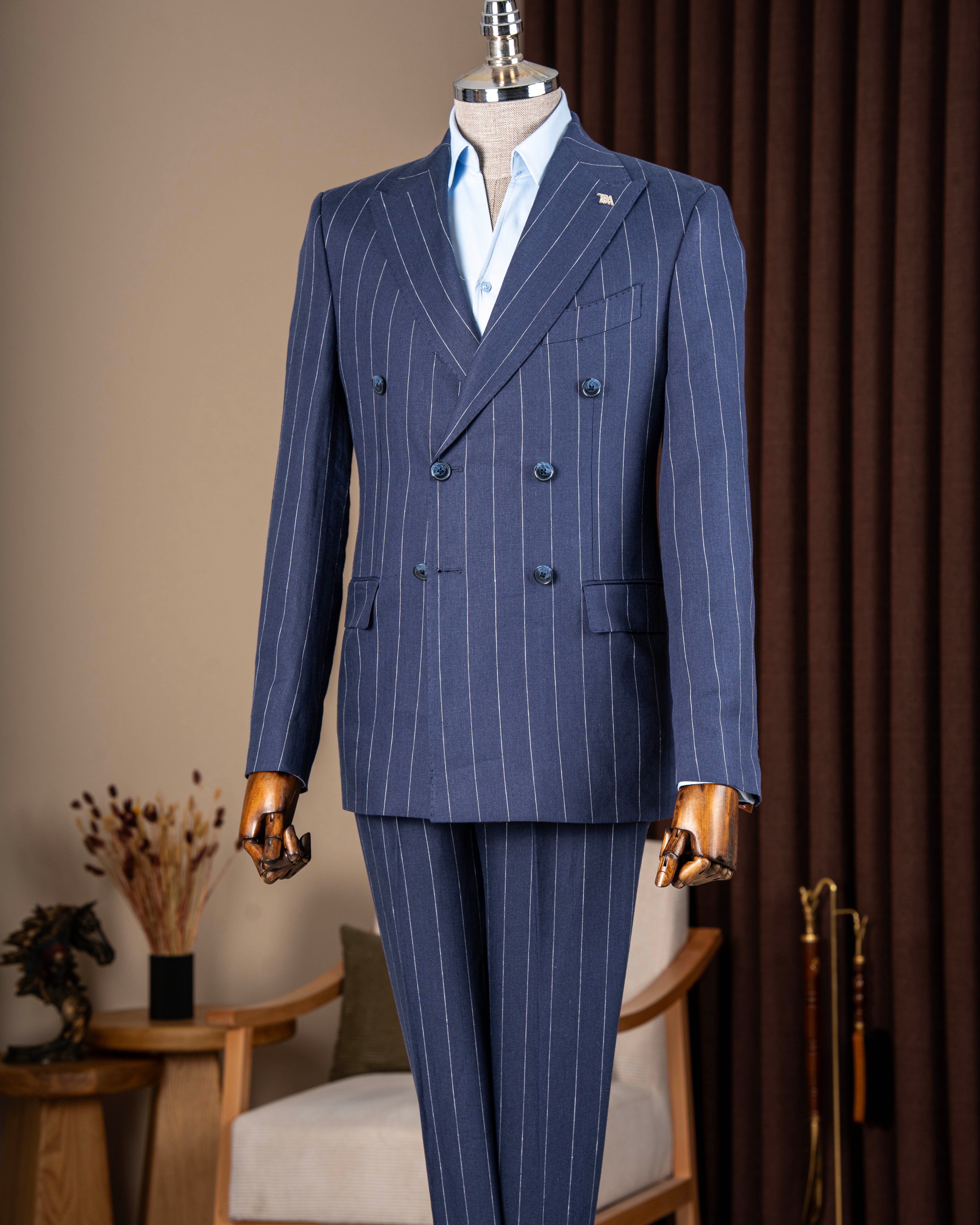 Slim fit erkek kruvaze sivri yaka keten çizgili ceket pantolon takım elbise lacivert T20100-02